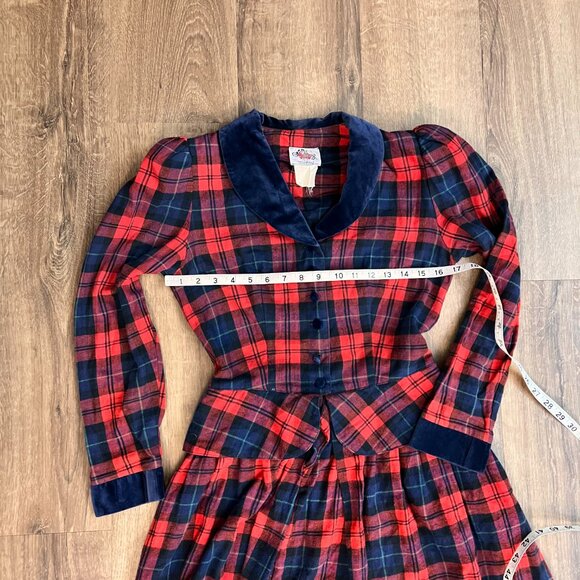 Vintage Lanz Originals 80s Red Plaid Velvet Trim Peplum Tartan Dress Sz XS - Picture 6 of 15